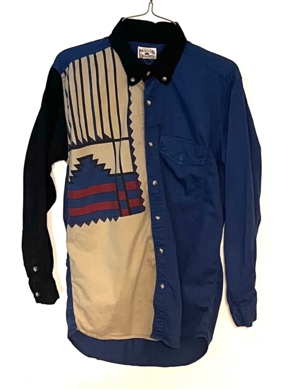 Vintage Western Frontier Patchwork Button-Up Shirt in Blue, Black, Cream. EUC.